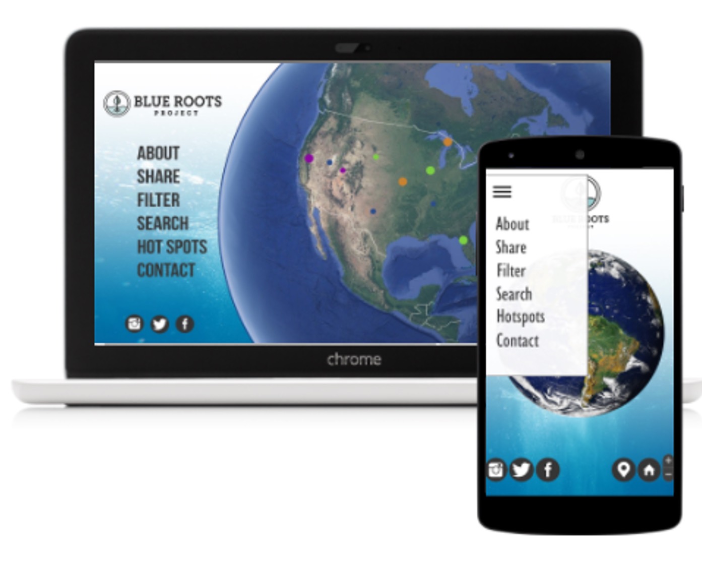 The World Water Story website on laptop and phone: a 3D satellite globe centred on North America with coloured pins marking submitted stories, and a menu offering About, Share, Filter, Search, Hot Spots and Contact.