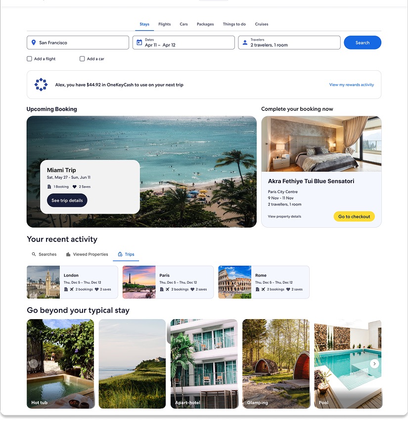 Warm-start homepage in full: search panel, rewards banner, an Upcoming Booking card for a Miami trip beside a Complete your booking now hotel card, a Your recent activity strip tabbed by searches, viewed properties and trips showing London, Paris and Rome, and a Go beyond your typical stay row offering hot tub, apart-hotel, glamping and pool stays.