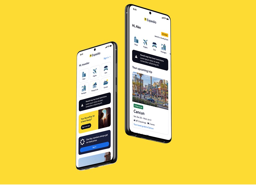 Two phones side by side: the signed-out home greeting a generic traveller with product tiles and a sign-in prompt, and the signed-in home greeting Alex with a OneKeyCash balance and a countdown to a booked Cancun trip.