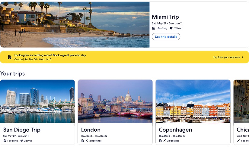 Personalised homepage modules: a Miami Trip card with booking and saves, a prompt to book a place to stay in Cancun, and a Your trips carousel of San Diego, London, Copenhagen and Chicago.