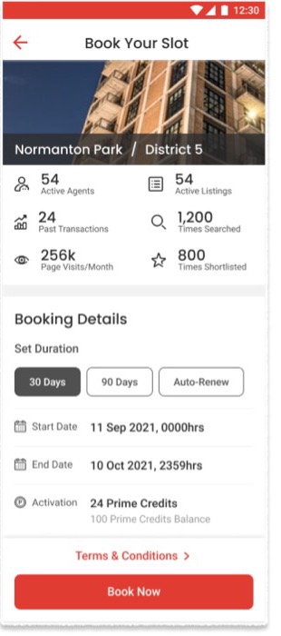 The shipped mobile booking screen for Normanton Park, District 5, showing project insights, a 30/90/180-day duration selector, start and end dates, a cost of 24 Prime Credits against a 100-credit balance, and a Book Now button.