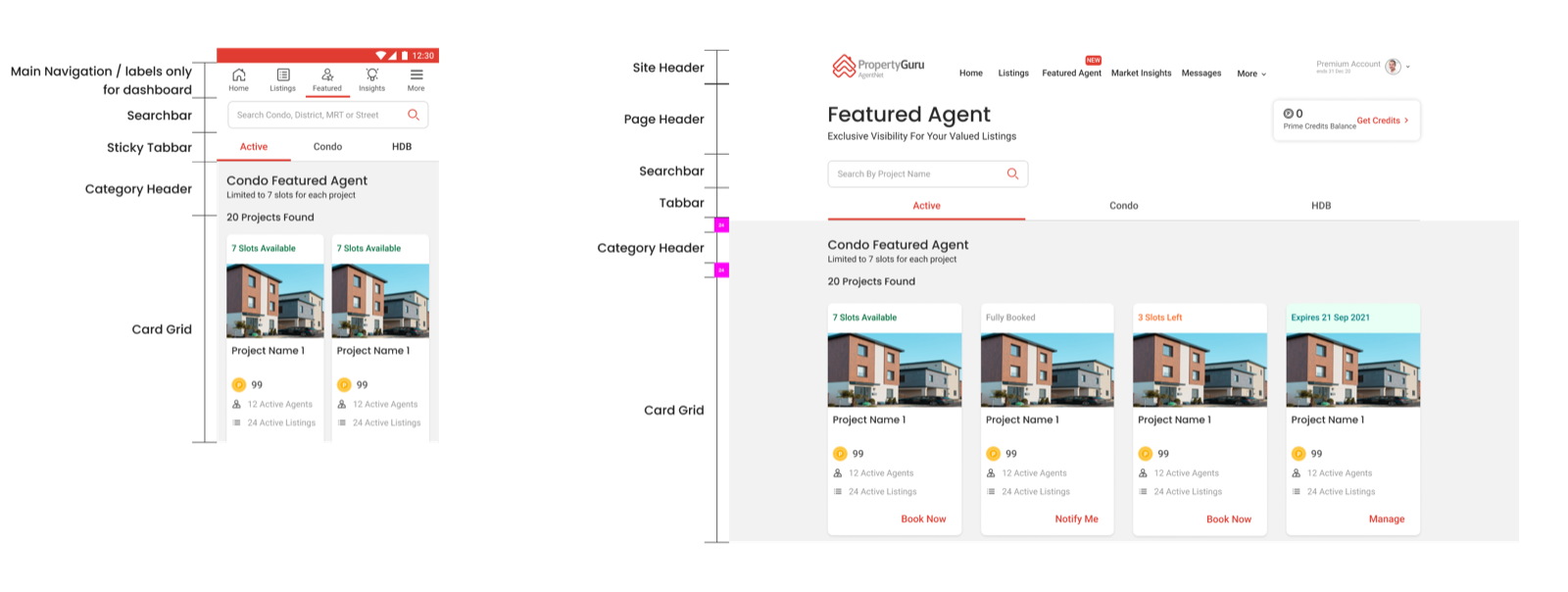 The Featured Agent catalogue screen on mobile and desktop, annotated with site header, page header, search bar, tab bar, category header and card grid. Cards show four states: 7 Slots Available with Book Now, Fully Booked with Notify Me, 3 Slots Left with Book Now, and an active booking expiring 21 Sep 2021 with Manage.