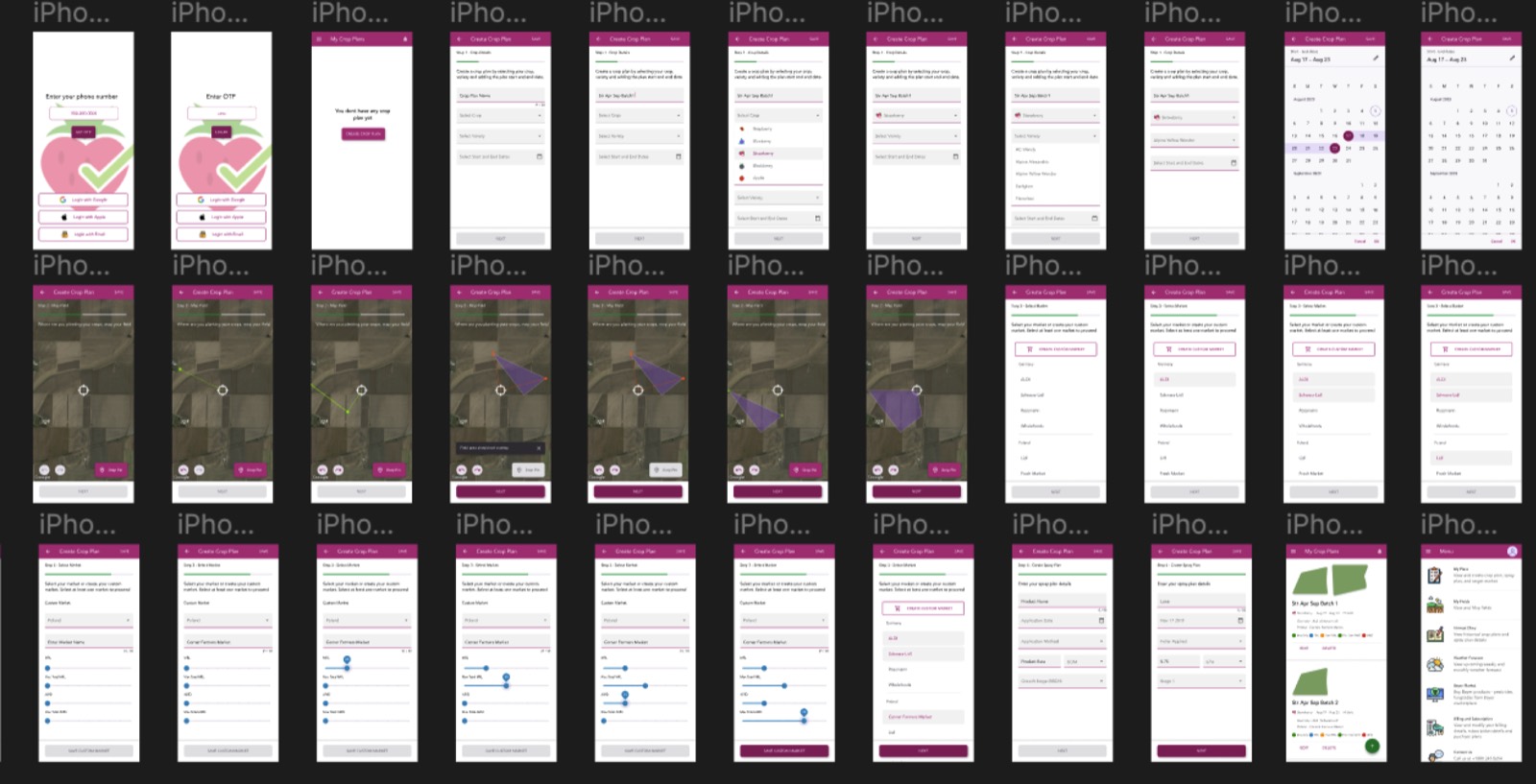 The complete mobile screen flow, from phone number and OTP login through creating a crop plan, selecting crop and variety, drawing the field on a satellite map, choosing a target market or building a custom one with residue limits, entering spray details, and reviewing saved crop plans.