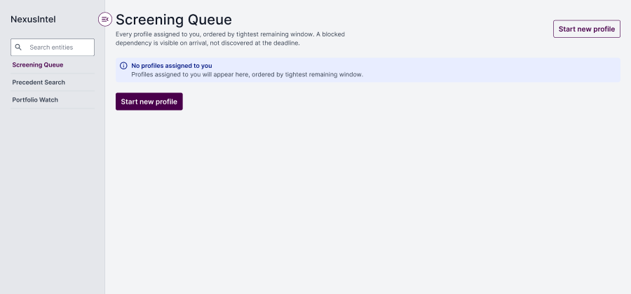 The Screening Queue when empty: 'No profiles assigned to you — profiles assigned to you will appear here, ordered by tightest remaining window', above a Start new profile button.