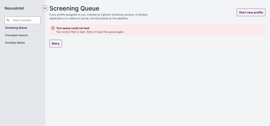 The Screening Queue after a failure: 'Your queue could not load — your active filter is kept. Retry to load the queue again', above a Retry button.