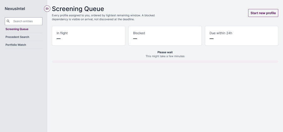 The Screening Queue while loading: the three summary tiles show em-dashes instead of counts, with the message 'Please wait — this might take a few minutes' above a placeholder bar.